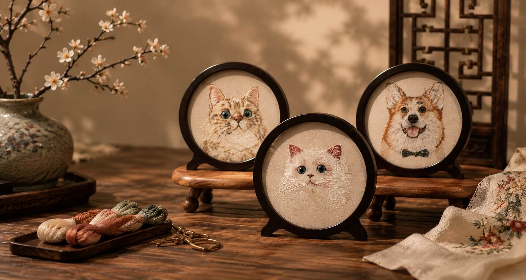 Custom cat and dog portraits handcrafted with Changzhou Random Stitch Embroidery, a Chinese intangible cultural heritage craft