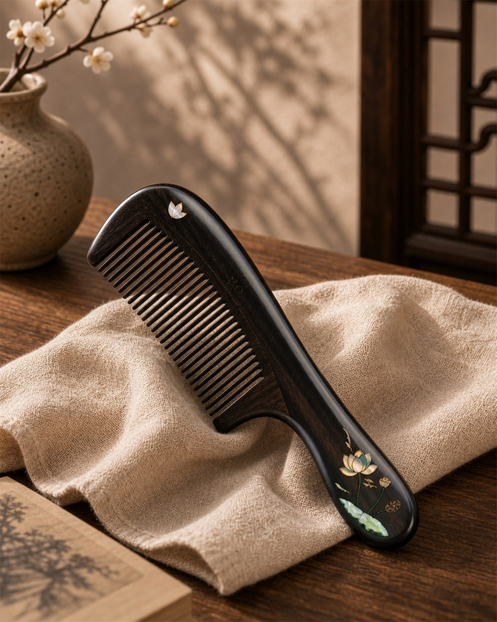 Green sandalwood hair comb with Twin Lotus lacquer artwork