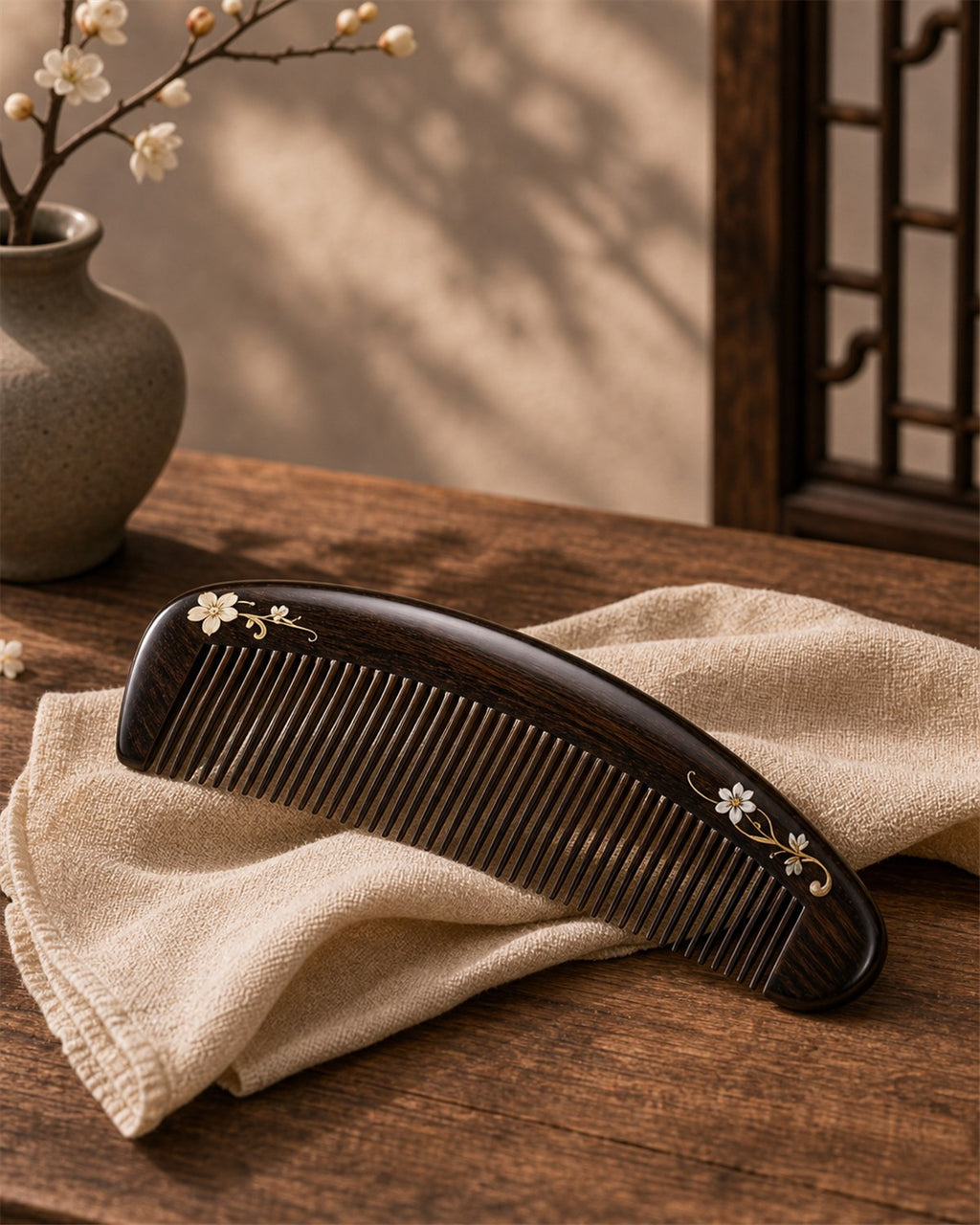 Hand-carved African rosewood hair comb with traditional lacquer artwork