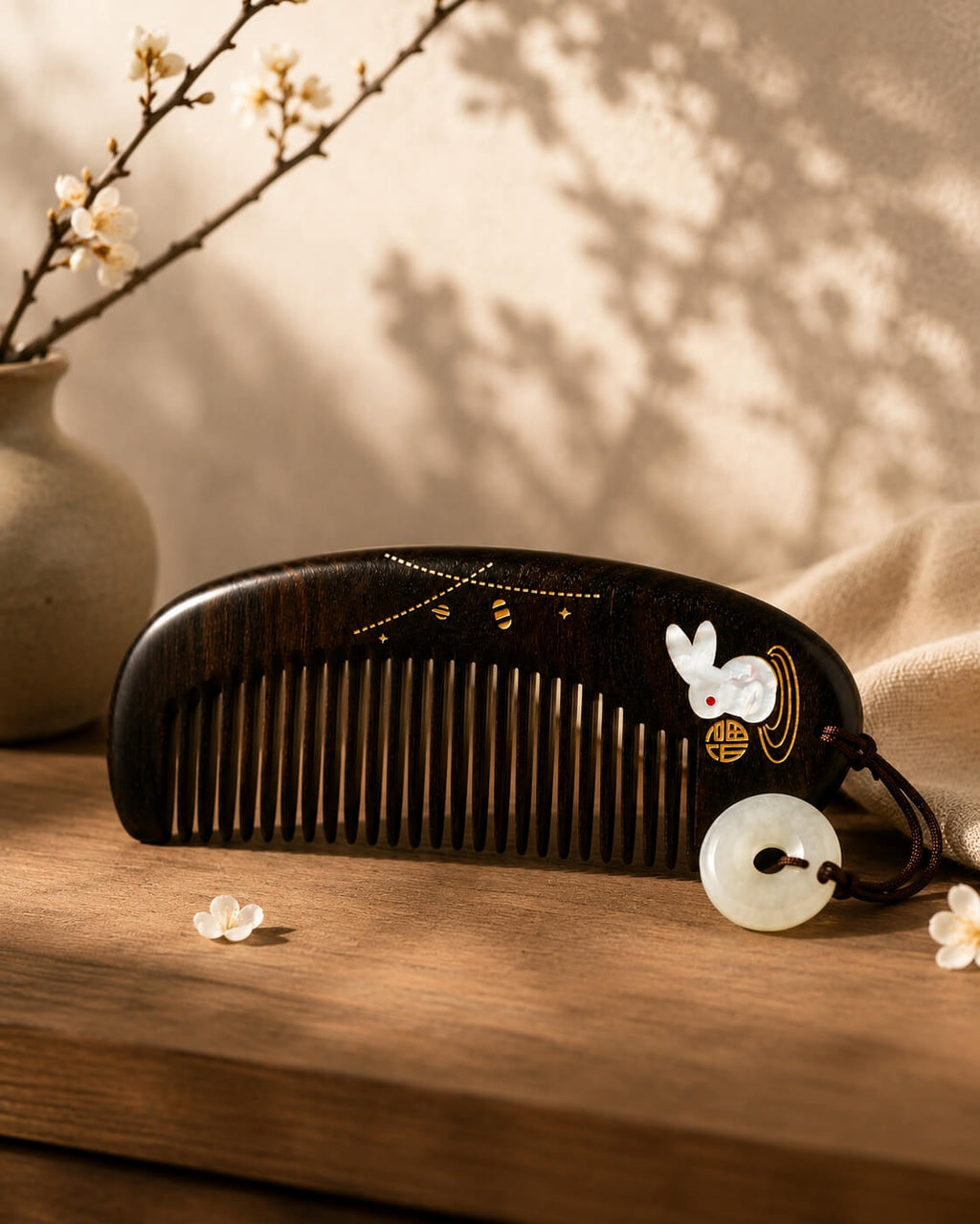 Hand-carved wooden comb with mother-of-pearl rabbit inlay