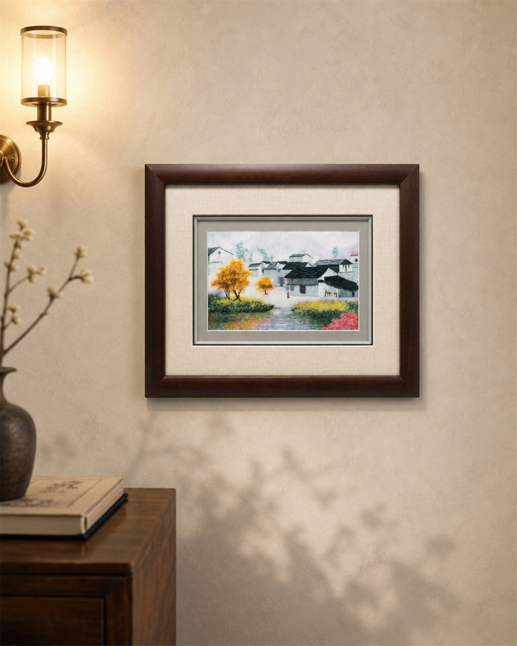 Jiangnan Water Village silk embroidery wall art in wooden frame