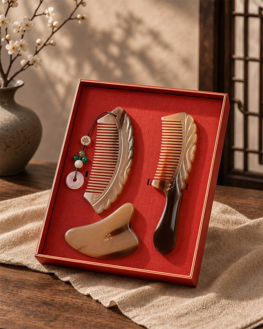 Luxury handcrafted yak horn comb set for anti-static hair care