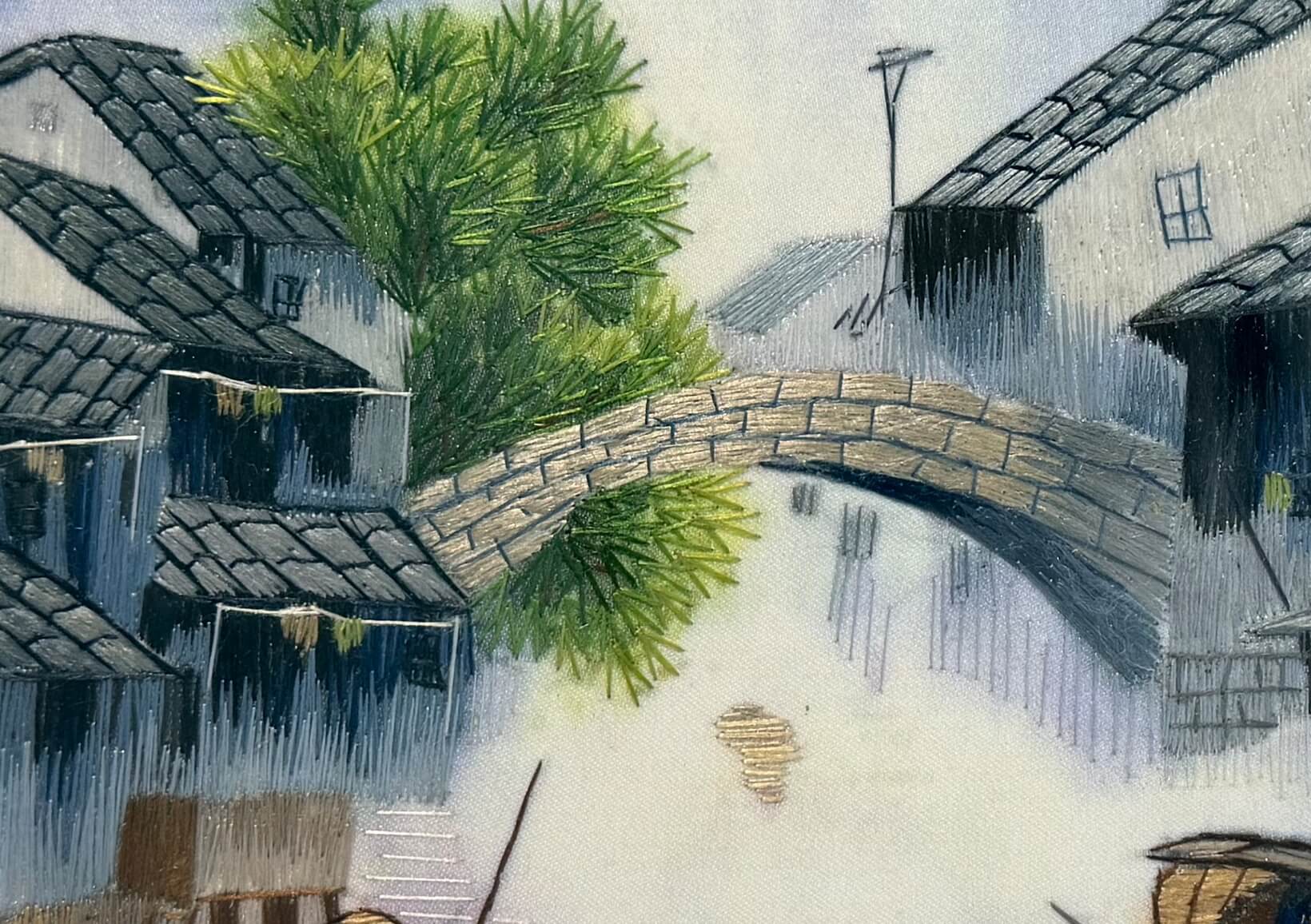 Random-Stitch Embroidery Framed Art – Close-up Stitch Detail – Master Artisan Silk Thread Texture | Orient Handcraft
