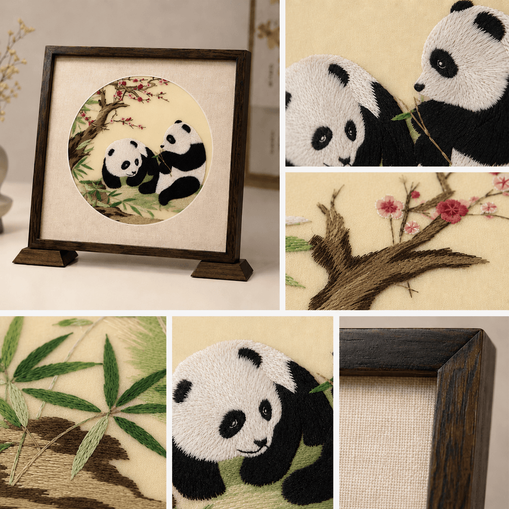 Changzhou Random-Stitch Embroidery Panda Table Screen – Close-up Stitch Detail – Master Artisan Silk Thread Texture | Orient Handcraft