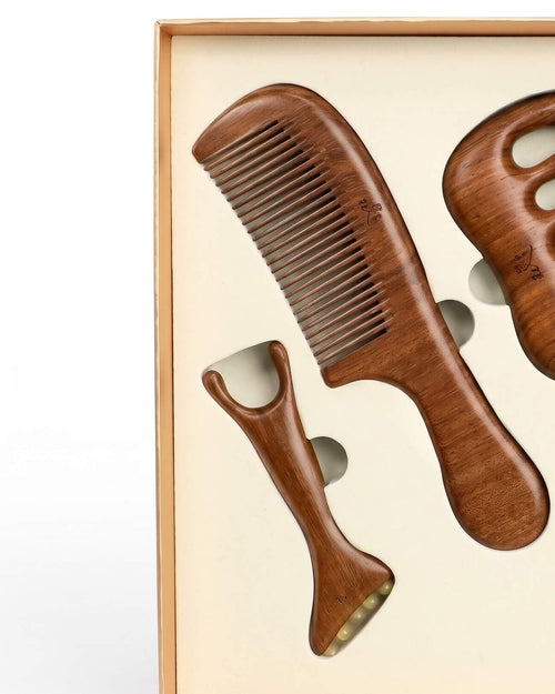 Black ebony comb and gua sha gift set handcrafted for scalp massage and hair care