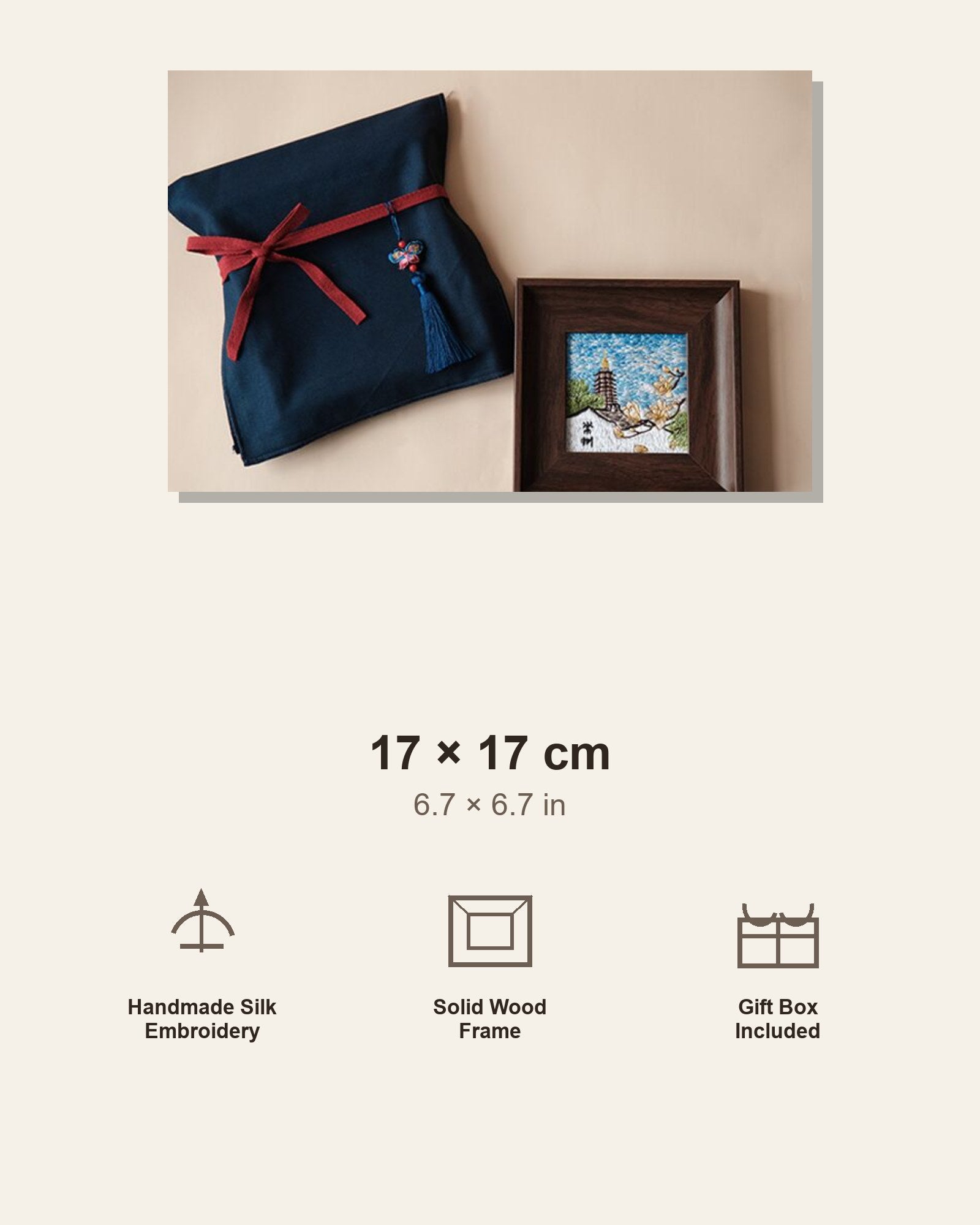 Mini embroidery art frame with 17 by 17 cm size, solid wood frame, and gift box