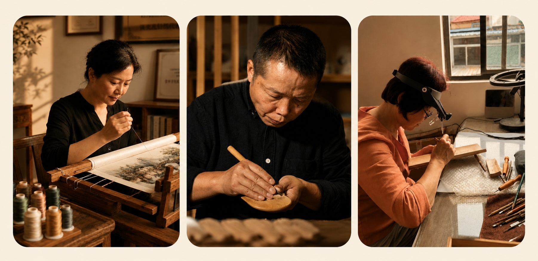 Chinese heritage artisans practicing Random Stitch Embroidery, traditional comb making, and bamboo carving craftsmanship