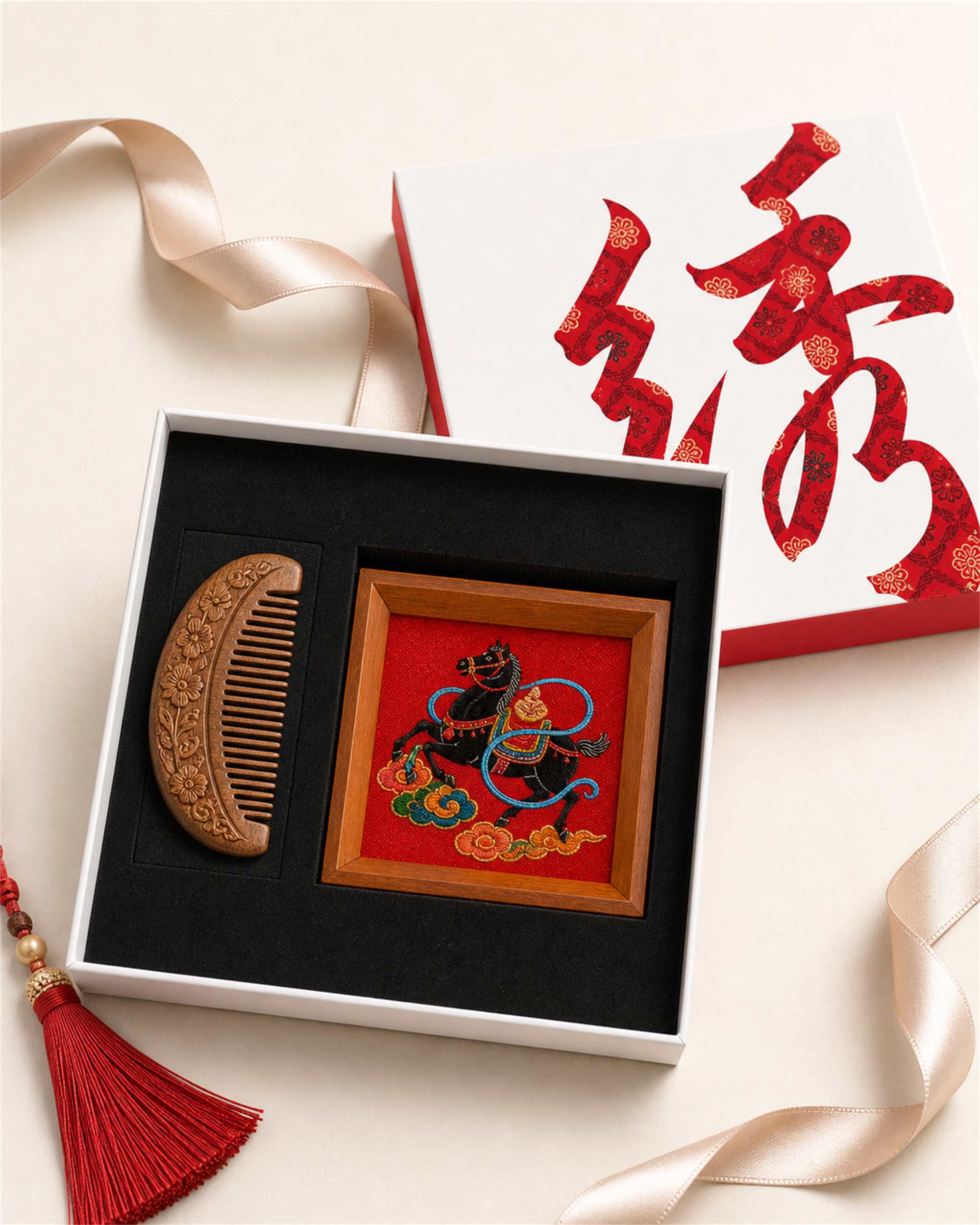 Chinese heritage gift set in premium gift box — Random-Stitch embroidery and handcrafted comb