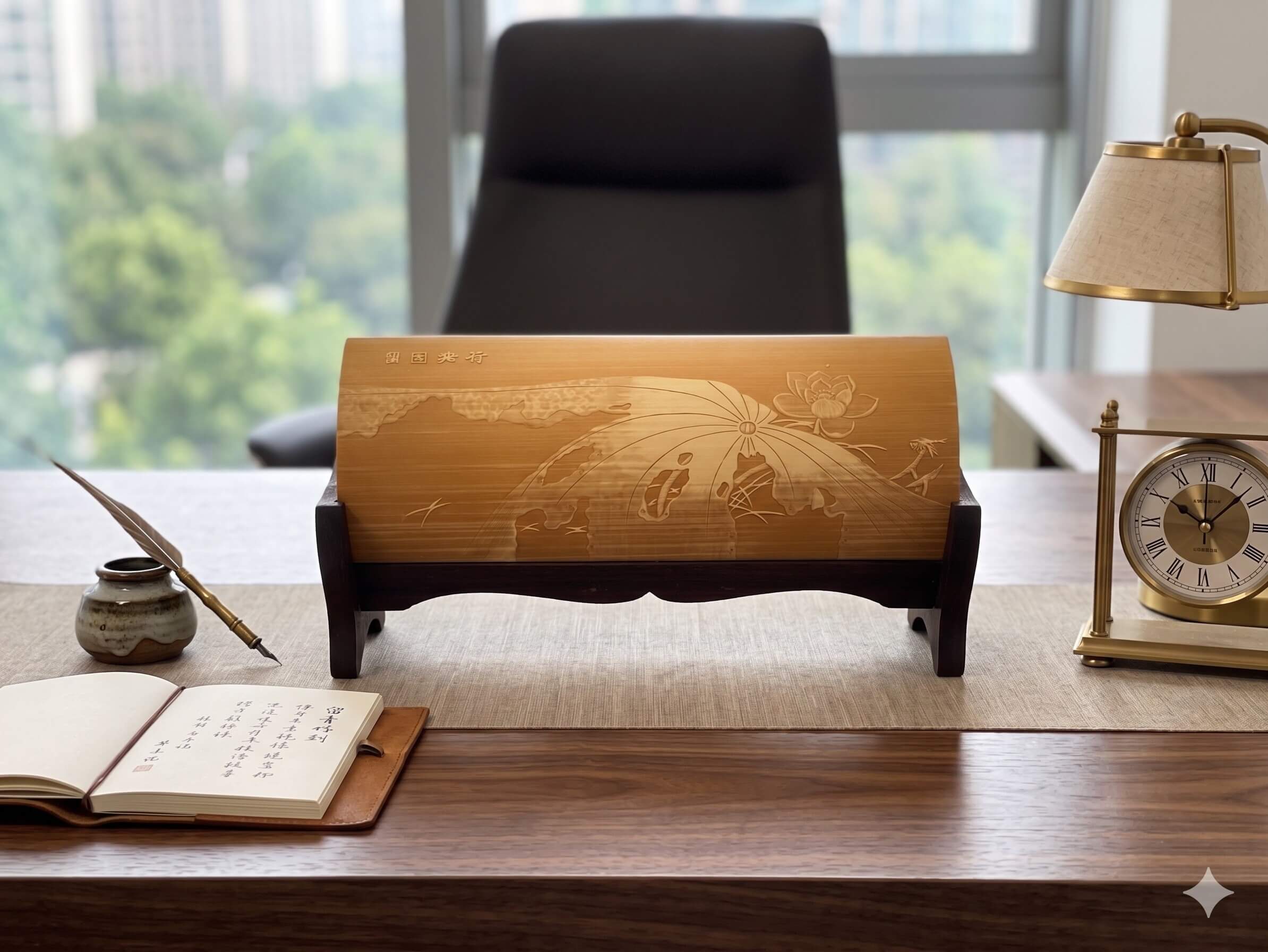 Liuqing Bamboo Carving Wrist Rest in Use – Ergonomic Wrist Support for Keyboard Typing – Heritage Desk Art for Modern Workspace | Orient Handcraft