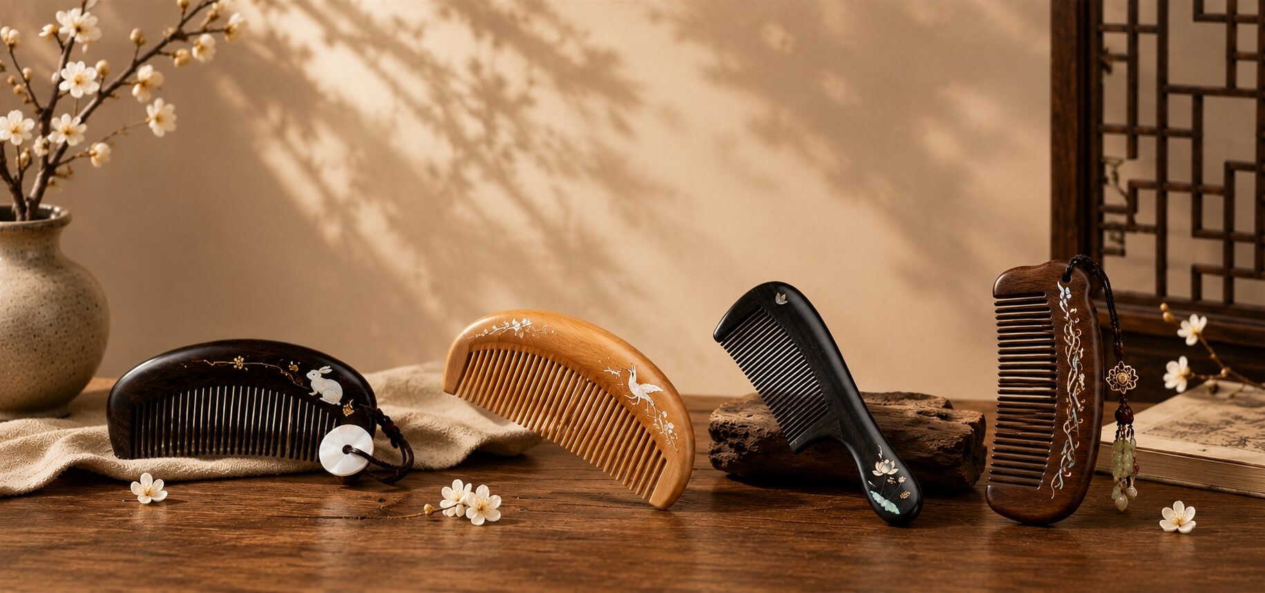Traditional Chinese handcrafted combs made from natural materials, showcasing heritage comb making craftsmanship
