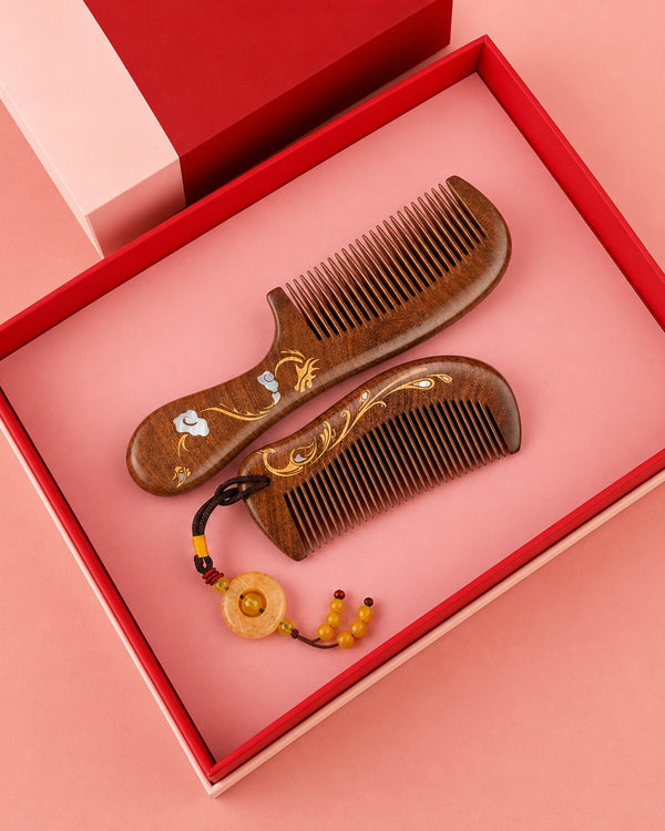 Dragon and Phoenix wedding comb gift set with hand-painted lacquer art and mother-of-pearl inlay