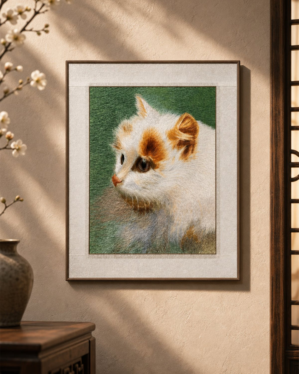 Cat artwork made with Random Stitch Embroidery for wall display