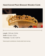 Plum blossom wooden comb showing 5.9 inch length and carved design
