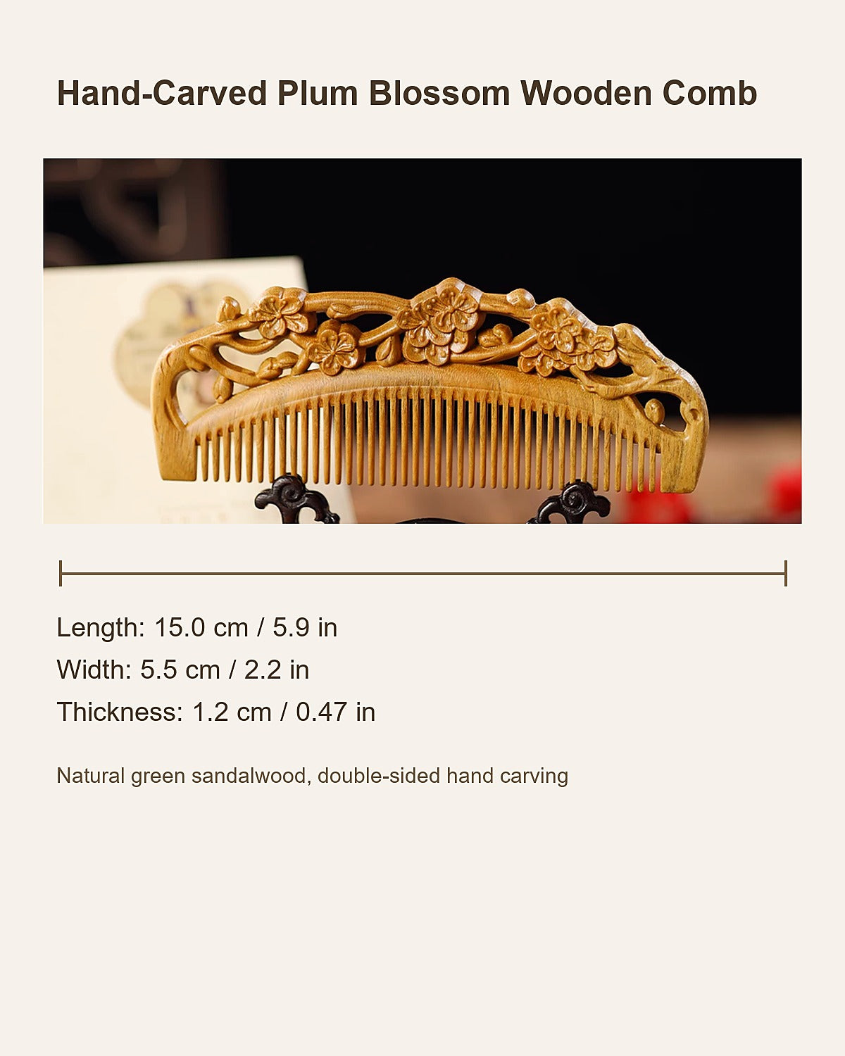 Plum blossom wooden comb showing 5.9 inch length and carved design
