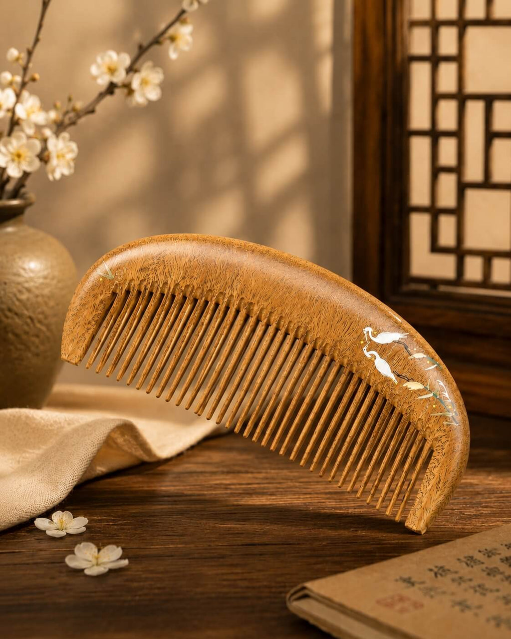 Hand-painted boxwood comb with crane motif, handcrafted by Chinese artisans using traditional heritage techniques.
