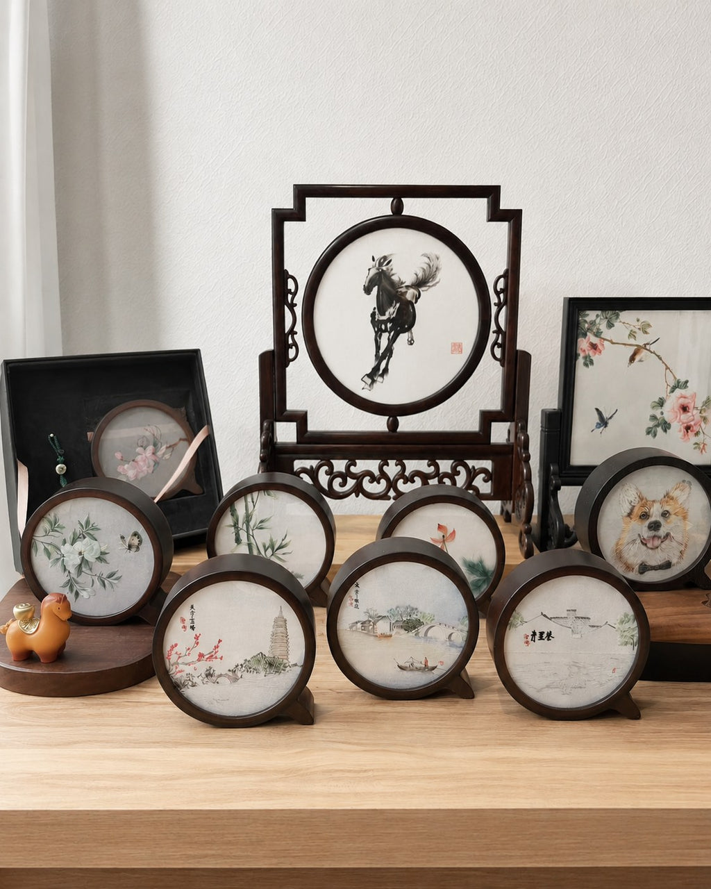 Custom pet silk embroidery artwork in a wooden tabletop frame handcrafted with traditional Chinese random-stitch embroidery