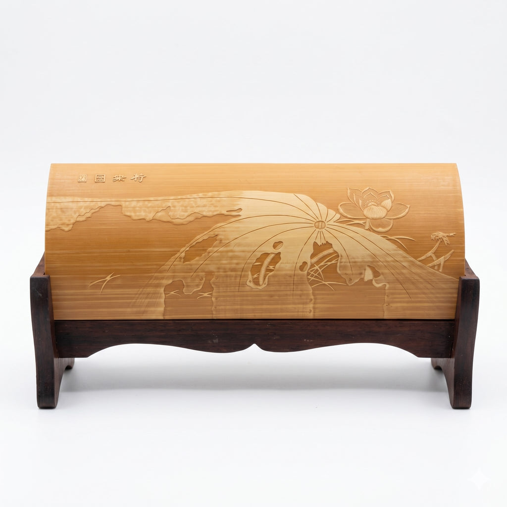 Liuqing Bamboo Carving Wrist Rest – Front View Full Image – Handcrafted Jiangnan Relief Carving Desk Art | Orient Handcraft- Lotus Pond