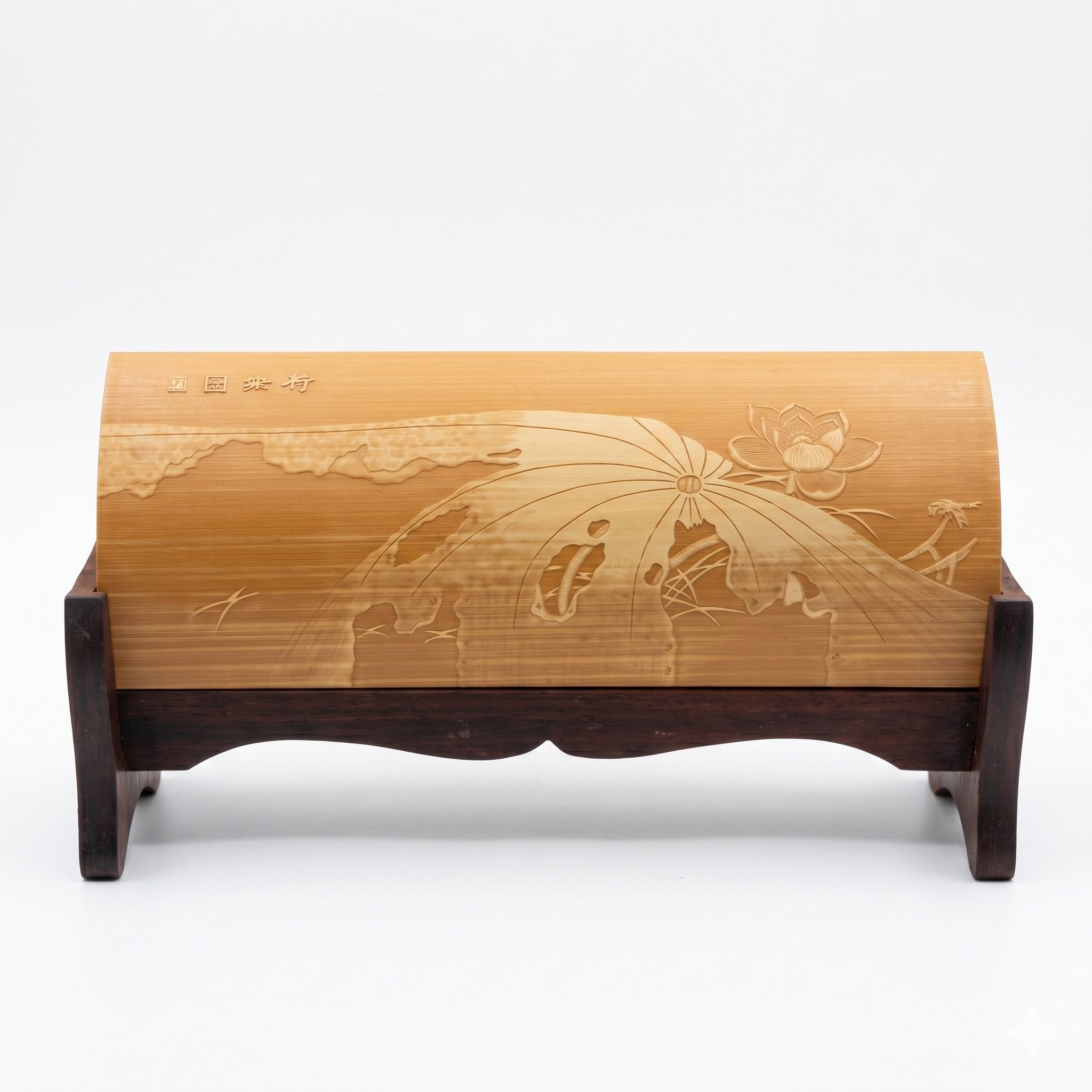 Liuqing Bamboo Carving Wrist Rest – Front View Full Image – Handcrafted Jiangnan Relief Carving Desk Art | Orient Handcraft- Lotus Pond