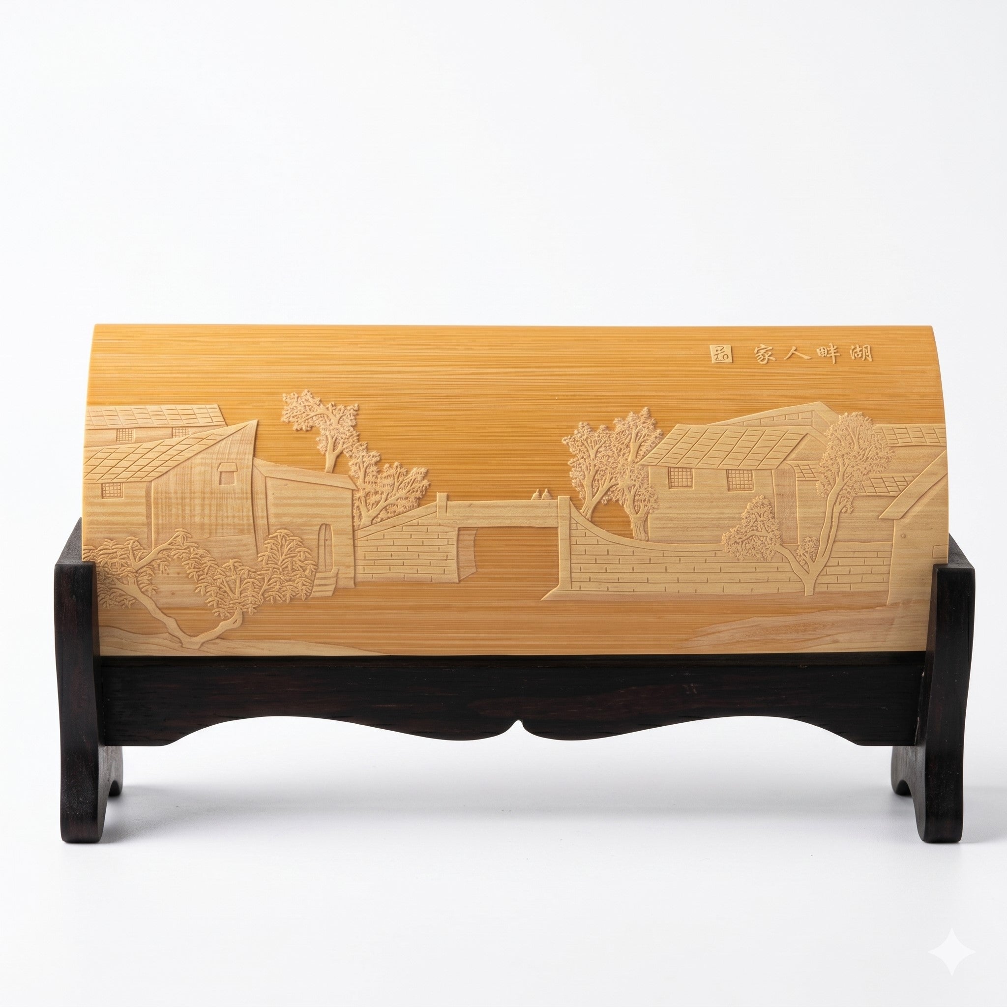 Liuqing Bamboo Carving Wrist Rest – Front View Full Image – Handcrafted Jiangnan Relief Carving Desk Art | Orient Handcraft-Lakeside Cottages