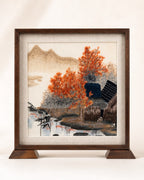 Handmade random stitch embroidery table screen featuring an autumn Jiangnan water town in a wooden frame