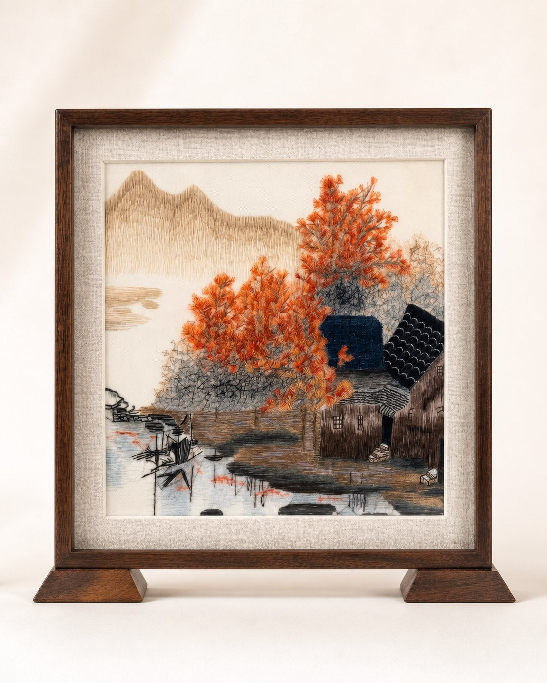 Handmade random stitch embroidery table screen featuring an autumn Jiangnan water town in a wooden frame