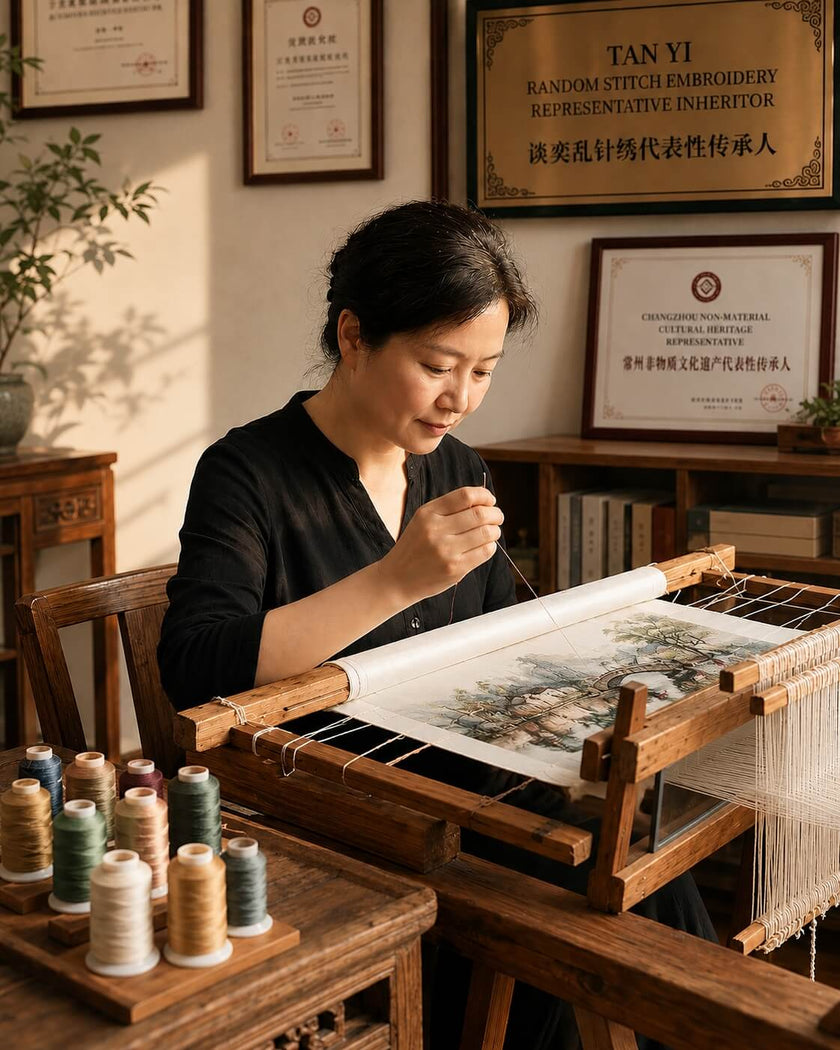 Artisan Tan Yi creating handmade Chinese embroidery artwork