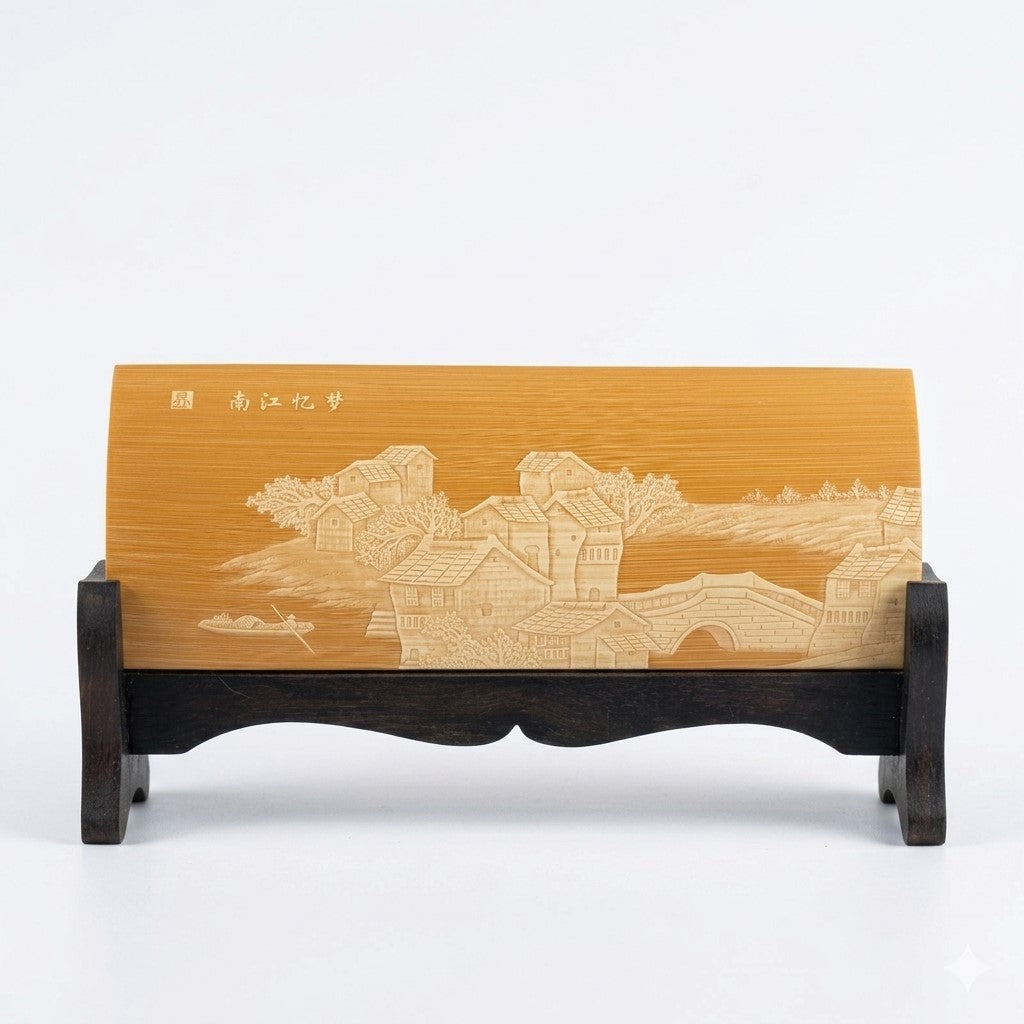 Hand-carved Liuqing bamboo card holder with Jiangnan landscape