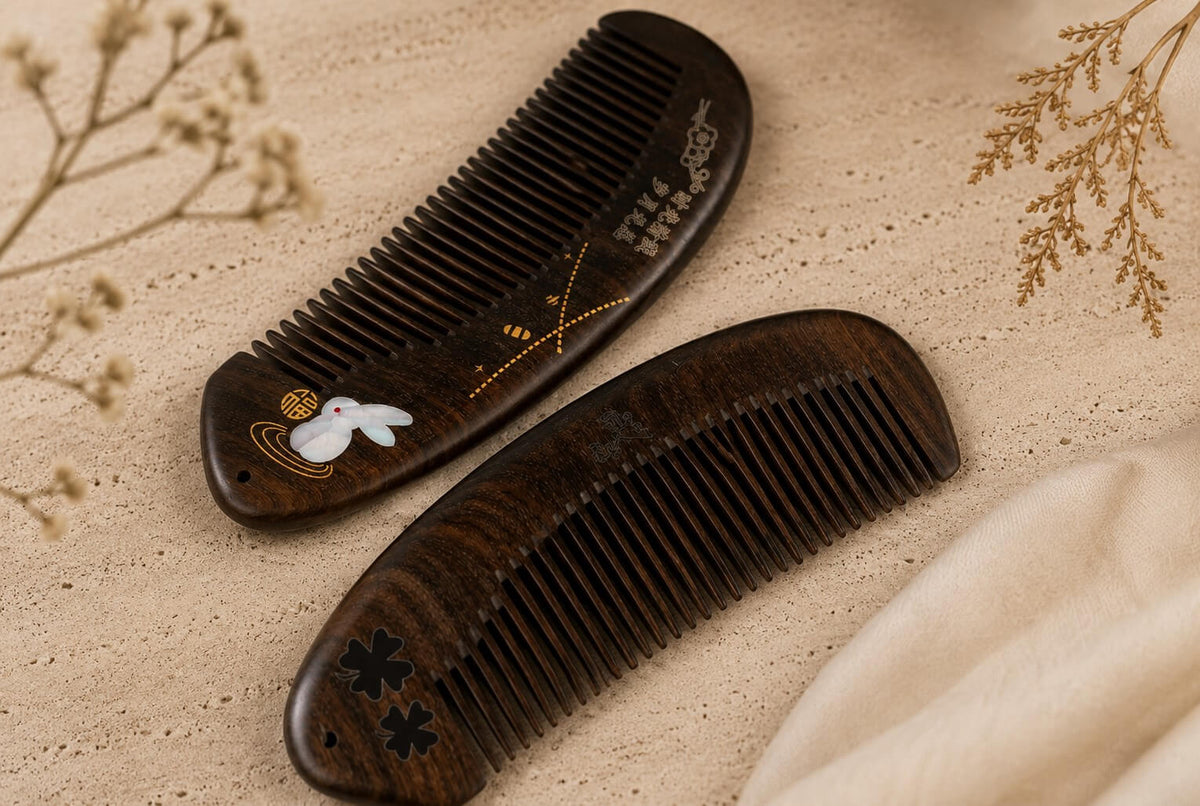 A pair of premium black ebony wood combs with traditional mother of pearl inlay designs, including a rabbit and floral patterns, set on a textured beige fabric background with dried flowers