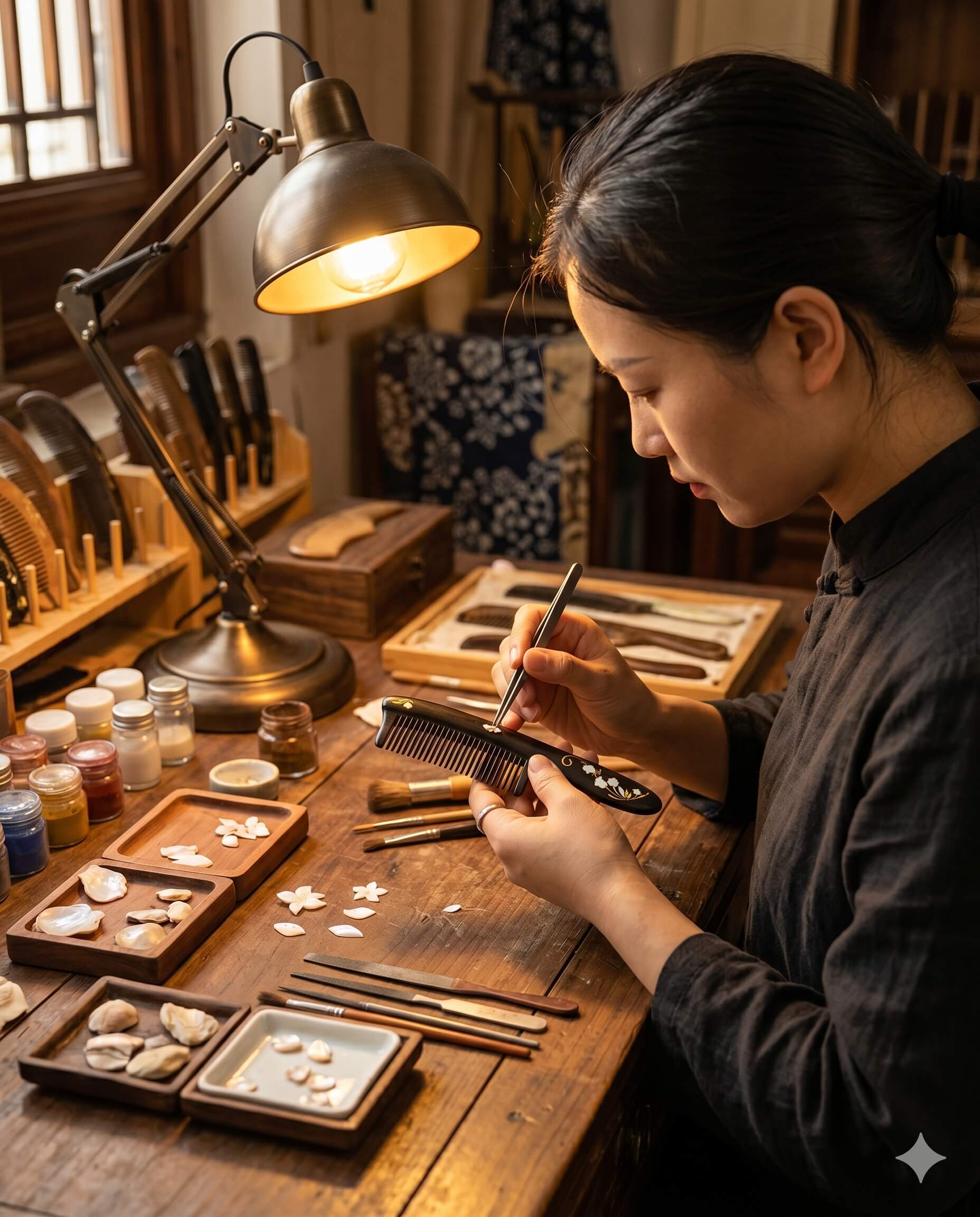 A female artisan carefully crafting a heritage wooden comb with mother of pearl inlay, using sea shell pieces and fine tools on a rustic workbench.