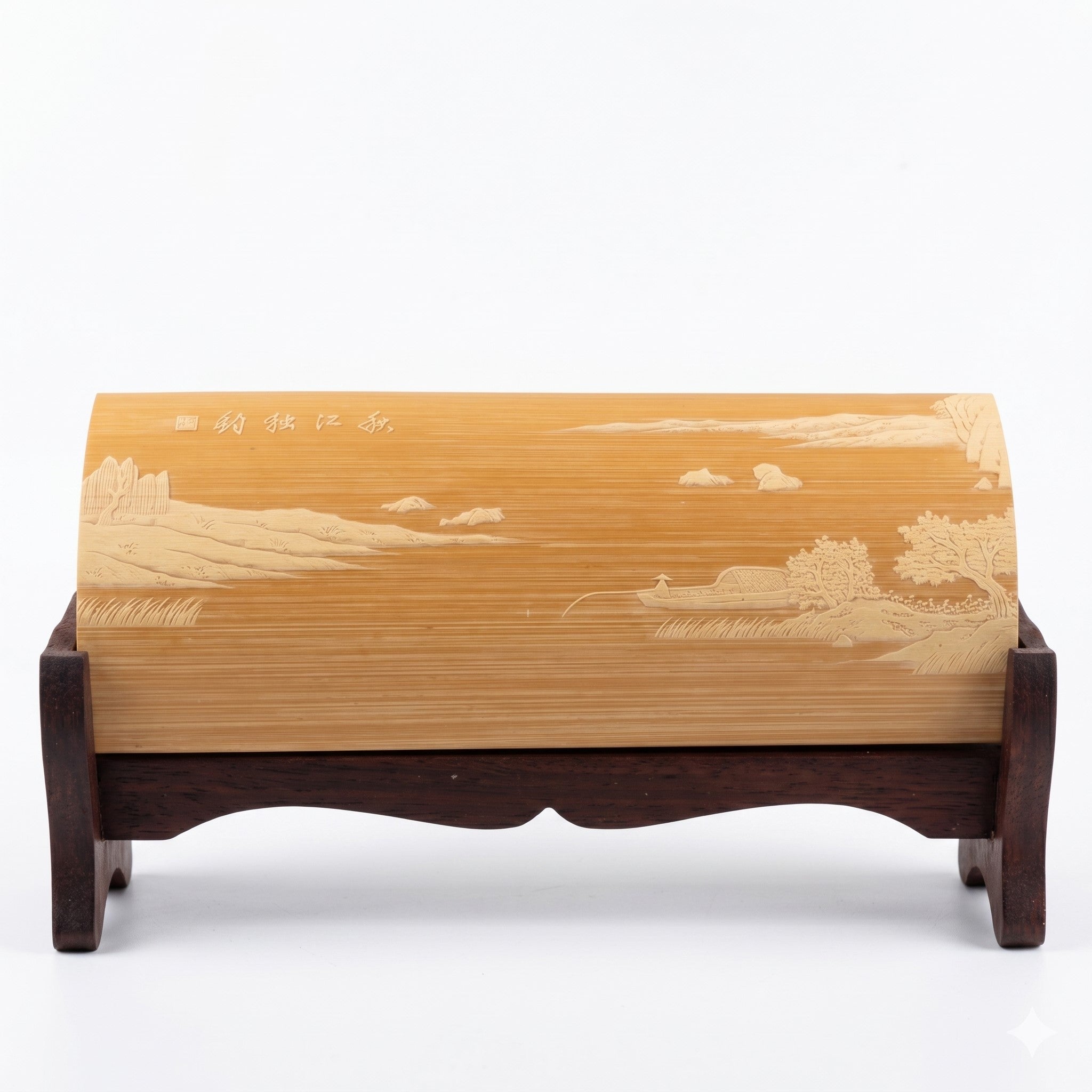 Liuqing Bamboo Carving Wrist Rest – Front View Full Image – Handcrafted Jiangnan Relief Carving Desk Art | Orient Handcraft- Lone Angler on the Autumn River