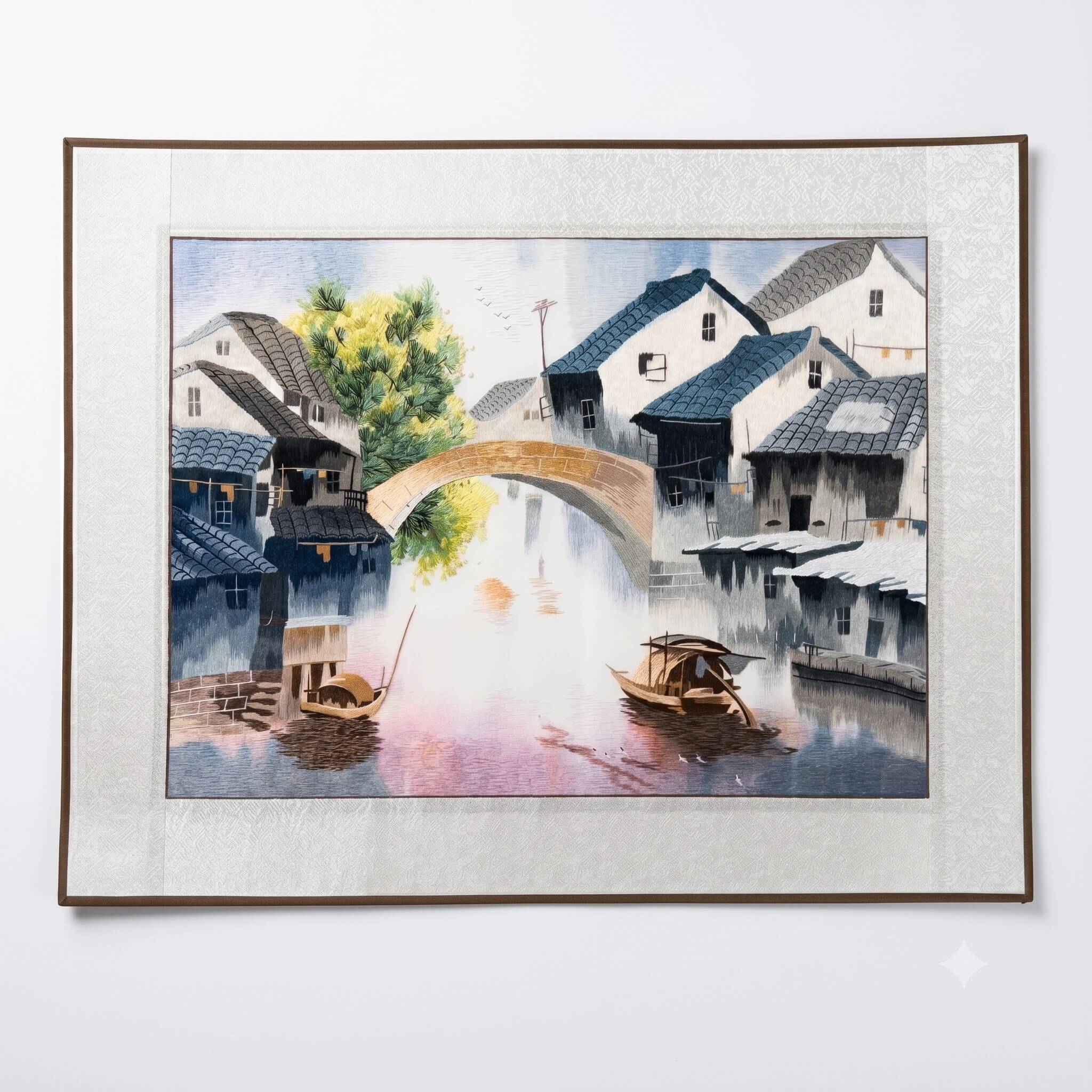 Jiangnan Waterscape Winter – Changzhou Random-Stitch Embroidery Soft-Scroll \| Orient Handcraft