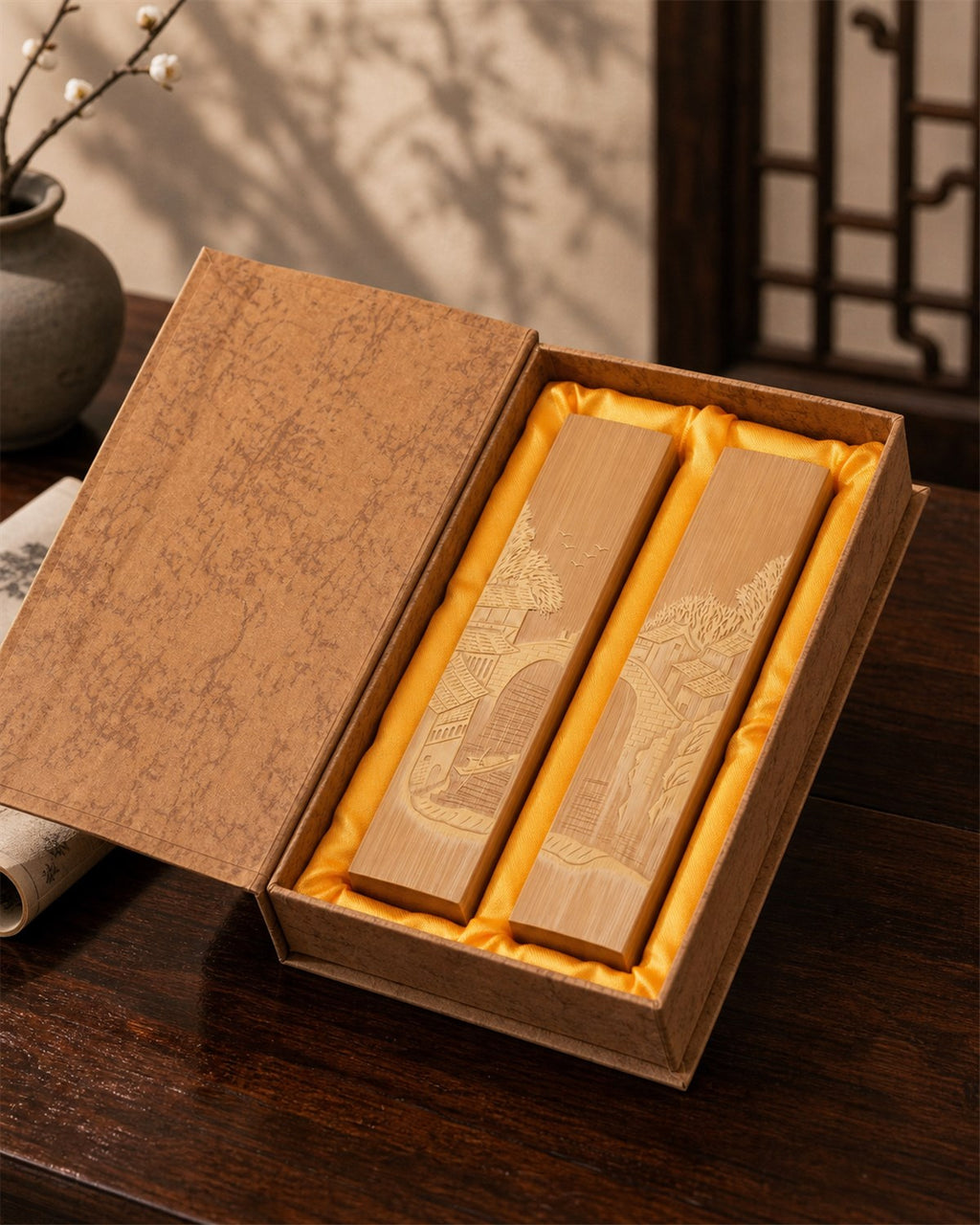 Hand-carved Liuqing bamboo paperweight set created by Chinese master artisans