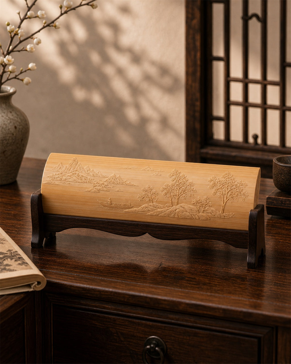 Hand-carved Liuqing bamboo wrist rest created by Chinese master bamboo carving artisans