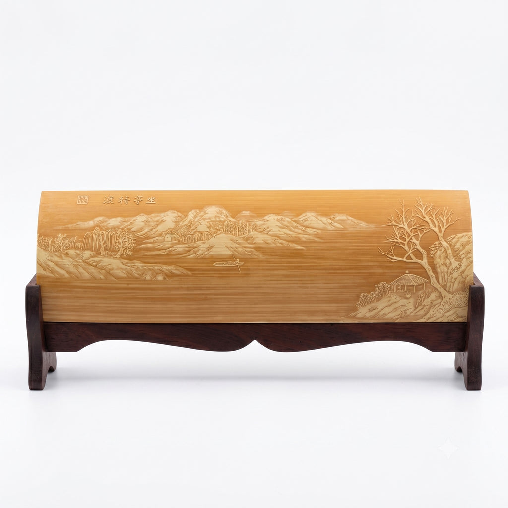 	Liuqing bamboo carving wrist rest – Sitting in the Pavilion Awaiting the Ferry | Orient Handcraft